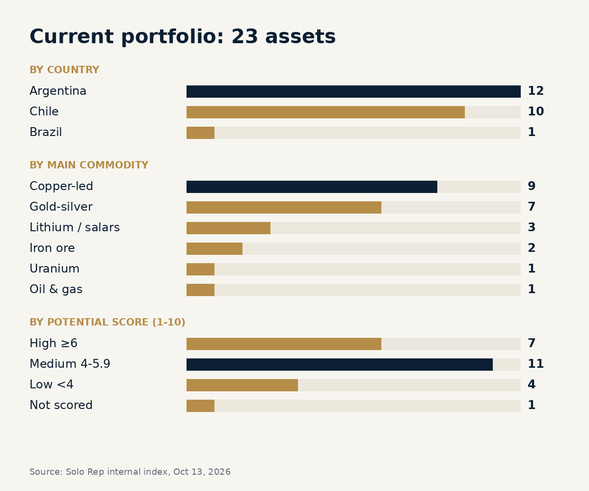 Portfolio bar chart: by country Argentina 12, Chile 10, Brazil 1; by commodity copper-led 9, gold-silver 7, lithium 3, iron ore 2, uranium 1, oil & gas 1; by score high 7, medium 11, low 4, not scored 1