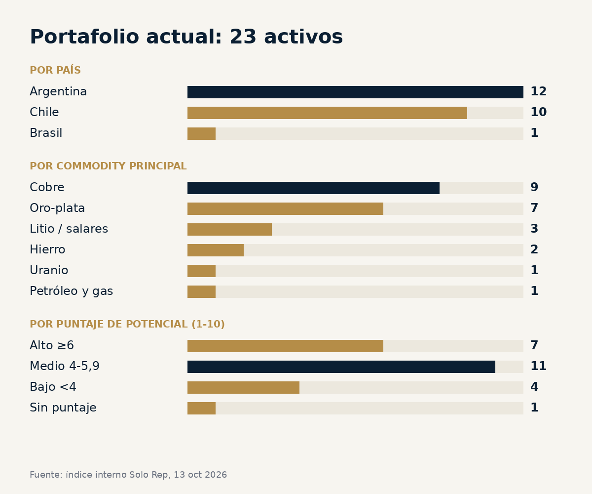 Gráfico de barras del portafolio: por país Argentina 12, Chile 10, Brasil 1; por commodity cobre 9, oro-plata 7, litio 3, hierro 2, uranio 1, petróleo y gas 1; por puntaje alto 7, medio 11, bajo 4, sin puntaje 1