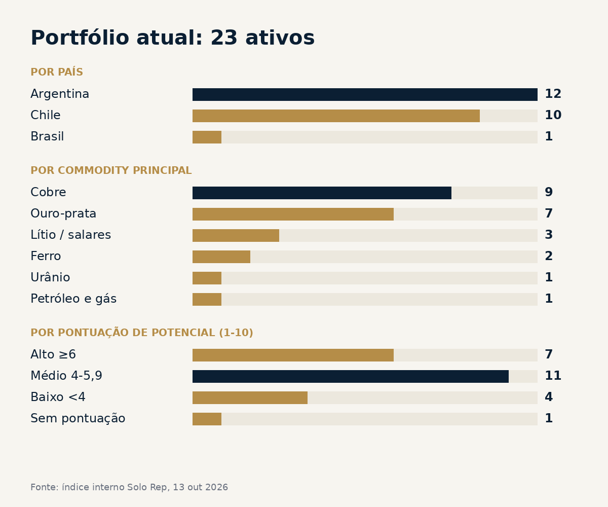 Gráfico de barras do portfólio: por país Argentina 12, Chile 10, Brasil 1; por commodity cobre 9, ouro-prata 7, lítio 3, ferro 2, urânio 1, petróleo e gás 1; por pontuação alto 7, médio 11, baixo 4, sem pontuação 1