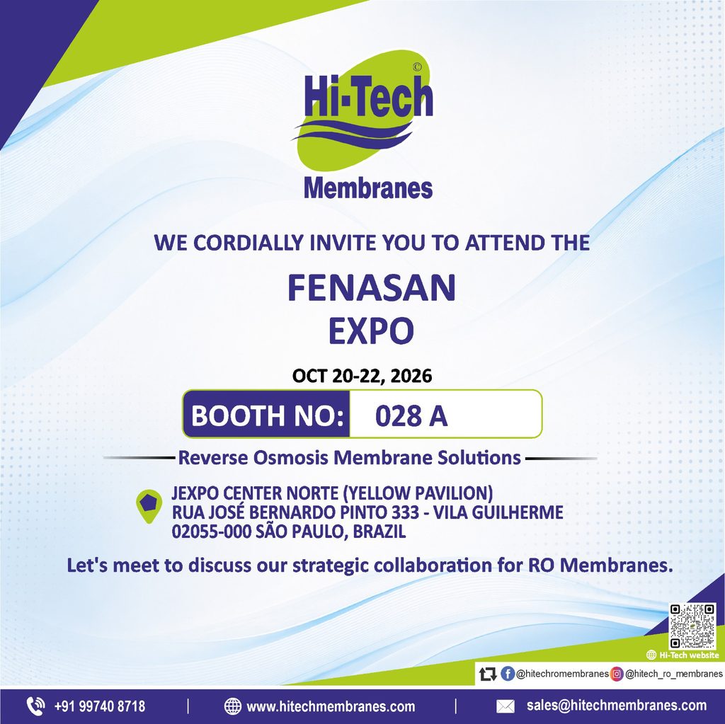 Hi-Tech Membranes invitation to FENASAN 2026: booth 028 A, October 20–22, 2026, Expo Center Norte (Yellow Pavilion), Rua José Bernardo Pinto 333, Vila Guilherme, São Paulo, Brazil